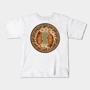 Armadillo standing over man and horse in vintage movement Kids T-Shirt